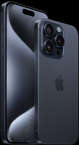 Prednji prikaz 6,7-inčnog iPhonea 15 Pro Max i stražnji prikaz 6,1-inčnog iPhonea 15 Pro u boji plavog titanija
