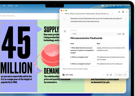 Ekran MacBooka Air prikazuje Apple Intelligence Alate za pisanje s karticama s podacima o mikro i makroekonomiji