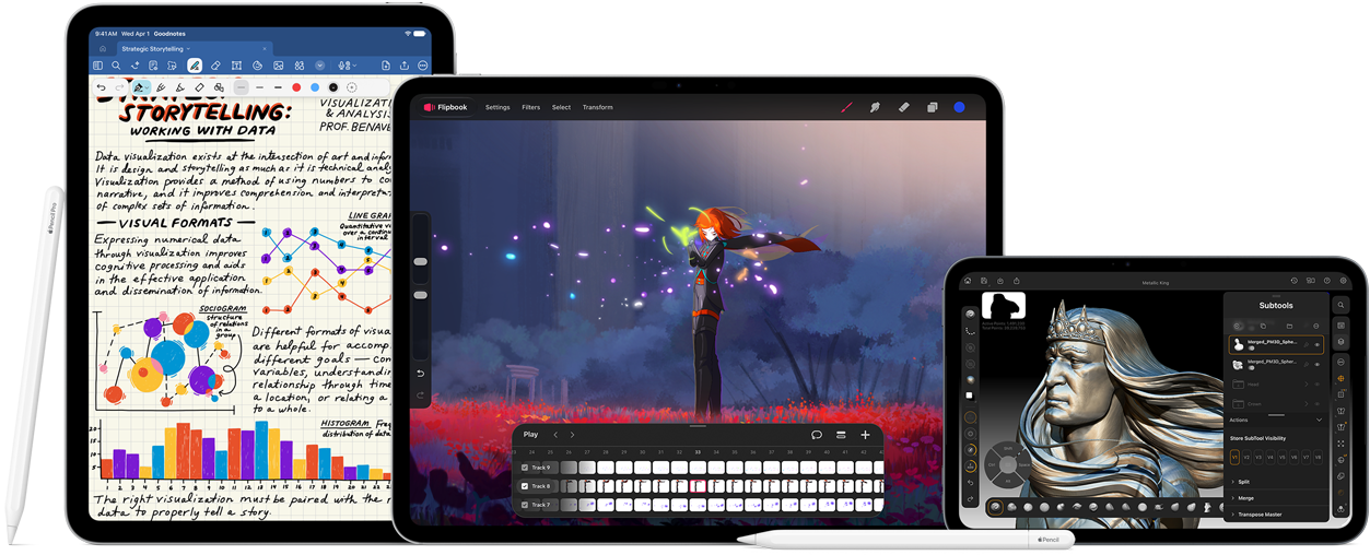 Az Apple Pencil Pro és az USB-C-s Apple Pencil képe több iPad készülék mellett, amelyeken az Apple Pencillel készített kézírásos jegyzetek és színes illusztrációk jelennek meg.