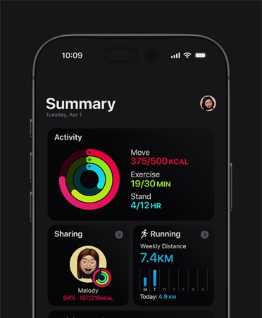 iPhone 17, Fitnesz-összefoglaló, Tevékenységgyűrűk, Mozgás, Gyakorlat és Állás adatai, tevékenységmegosztás ismerősökkel, heti futási statisztikák, Edzésterhelés