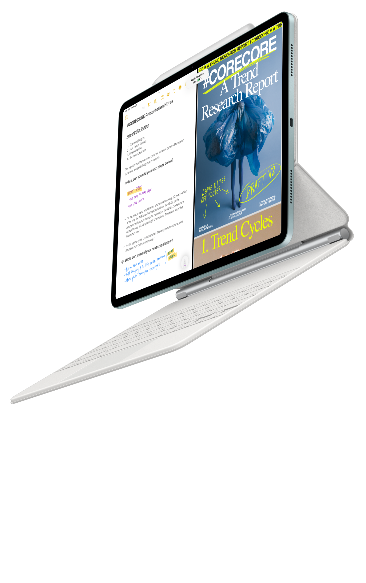 Egy iPad Air csatlakozik egy Magic Keyboardhoz és egy Apple Pencil Próhoz