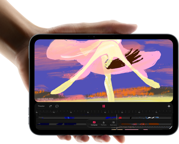 iPad mini egy kézben, elölnézetből, a kijelzőn videószerkesztő felület színes klipekkel, alatta megemlítve az A20 Pro chip