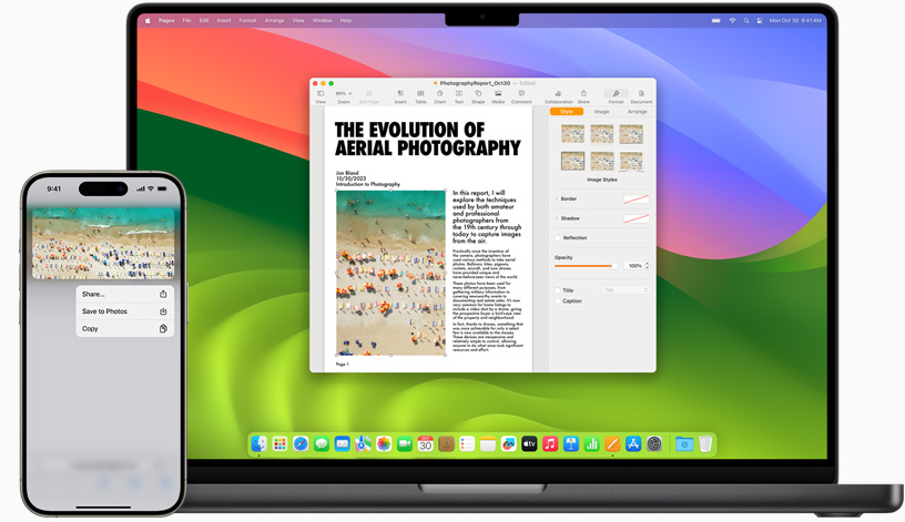Egy iPhone 15-ön kimásolt képet illeszt be valaki egy Pages-dokumentumba a MacBook Prón.