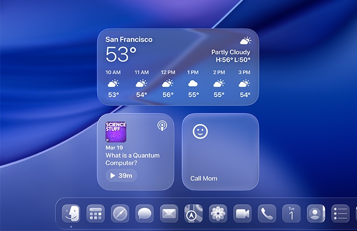 Liquid Glass Időjárás, Podcastok és Emlékeztetők widgetek a macOS Tahoe rendszeren