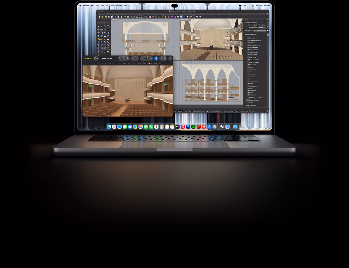 Egy 16 hüvelykes ezüstszínű MacBook Pro PROLED XDR-kijelzőjén egy objektum modellezése látható a Rhino appban.