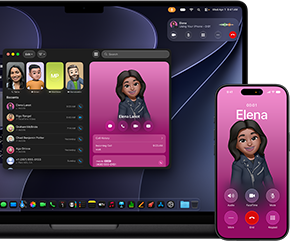 Egy MacBook Pro és egy iPhone, a Telefon app van megnyitva, és mindkét kijelzőn ugyanaz a kontakt látható.