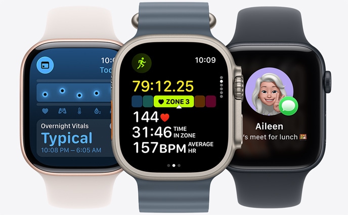 Három Apple Watch-modell. A középső natúr színben fekete szíjjal, a számlapján egy folyamatban lévő futás pulzusszám-statisztikákkal. A jobb oldali kozmoszfekete színben akvamarin szíjjal, a számlapján a Vitális jelek app. A bal oldali csillagfény színben mandarinszínű szíjjal, a számlapján Genmoji.