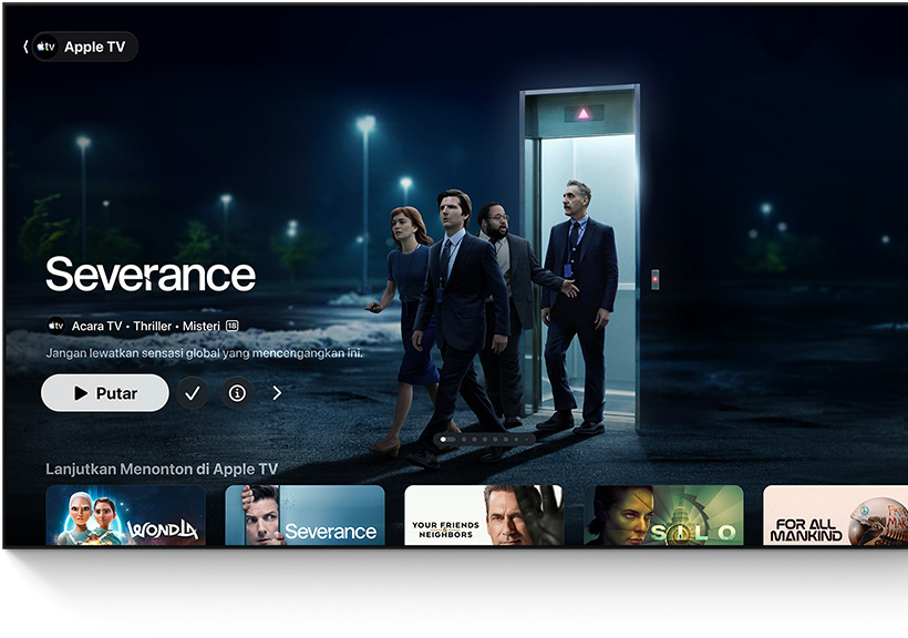 Aplikasi Apple TV, judul unggulan: Severance, orang-orang keluar dari elevator ke tempat parkir, baris Lanjutkan Menonton di bawah