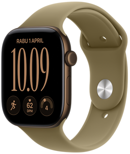 Apple Watch Series 12, casing aluminium, warna perunggu gelap, eksterior sisi kanan, tombol Digital Crown, mikrofon, tombol samping, terhubung ke Tali Jam Sport Band, warna hijau zaitun (hijau tanah), pengait pasang dan selipkan (pin perak)