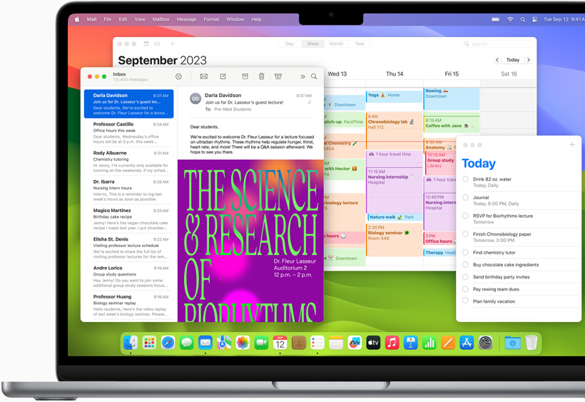 Mail, Kalender, dan Pengingat ditampilkan di MacBook Air
