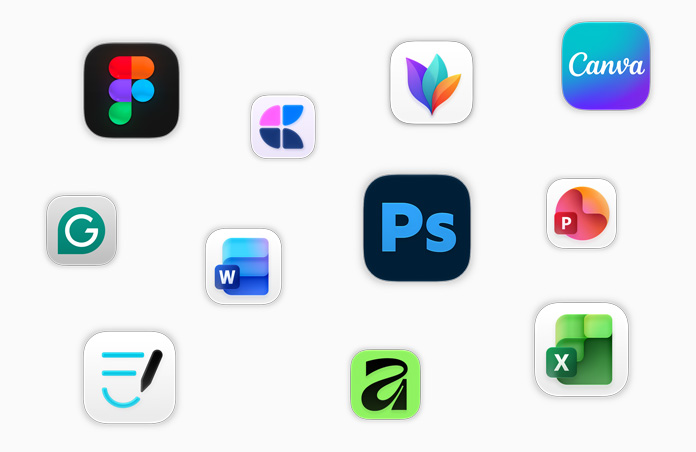 Berbagai ikon aplikasi melayang di layar, termasuk Adobe Photoshop, Canva, Microsoft Excel, dan Figma