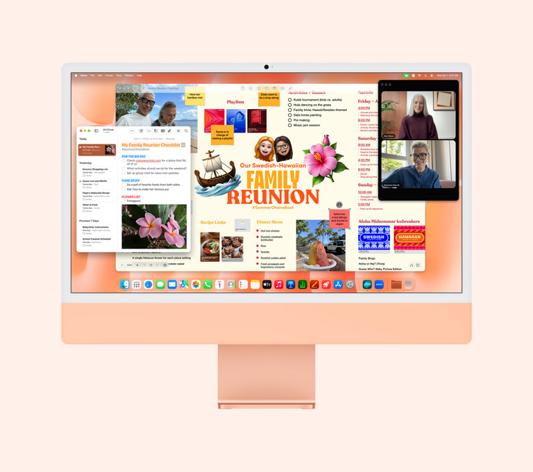 iMac, eksterior depan, warna oranye, layar menampilkan seseorang dalam panggilan FaceTime, papan perencanaan reuni keluarga, dan aplikasi Catatan