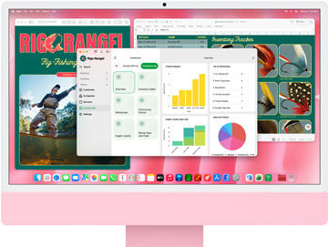 iMac, eksterior depan, warna pink, beberapa aplikasi terbuka yang menampilkan pelacak inventaris, desain katalog memancing ikan, dan dasbor bisnis