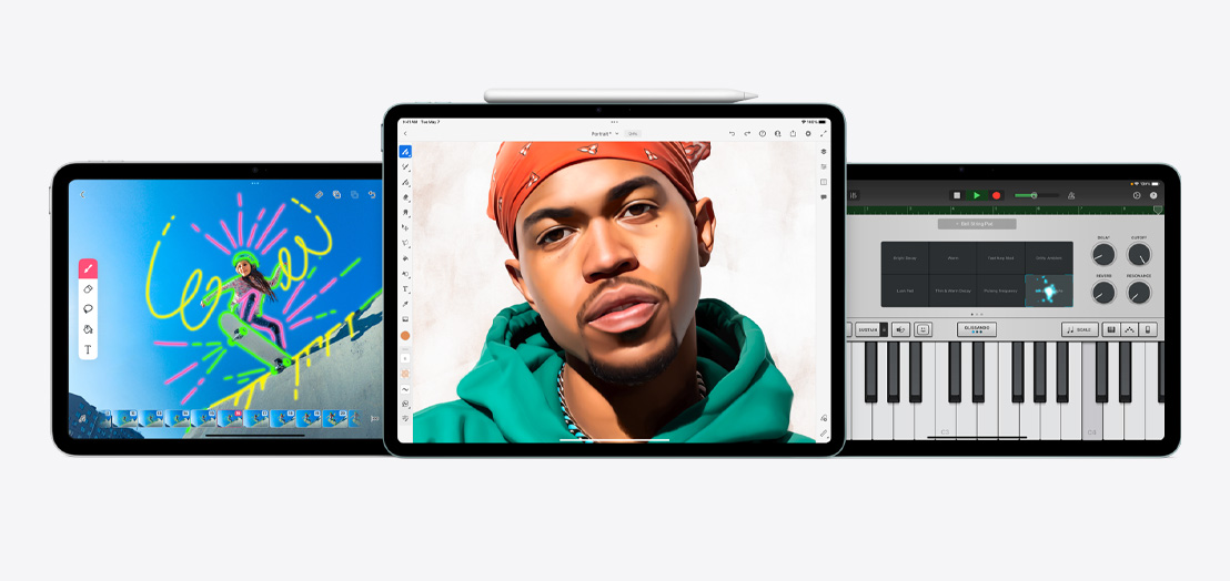 Dua iPad dan satu iPad Air yang memperlihatkan aplikasi FlipaClip, Adobe Fresco, dan GarageBand.