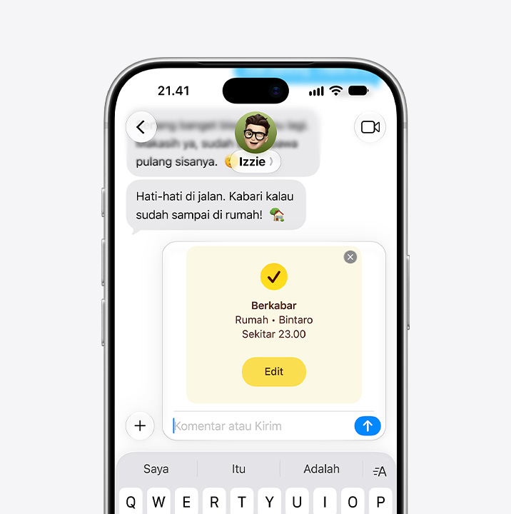 iPhone 18 Pro, front exterior, Messages app open with Check In feature notifying recipient that the sender has arrived home