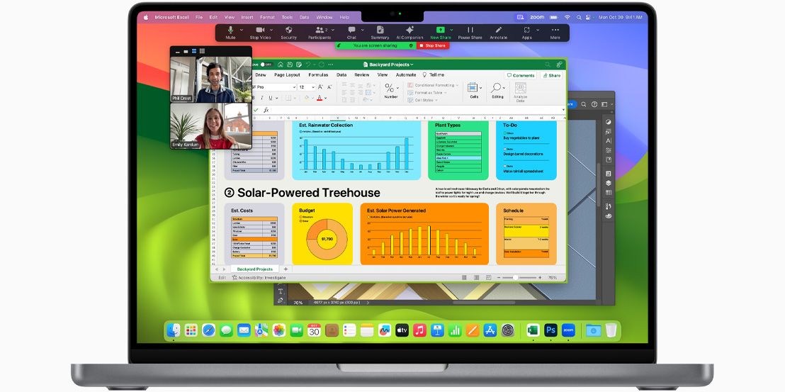 Layar MacBook Pro menampilkan Facetime, Microsoft Excel, dan Adobe Photoshop.
