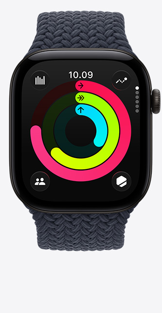 Apple Watch Series 12, aluminum case, black color, Activity rings: move, exercise, stand, Digital Crown, Braided Solo Loop band, navy blue color