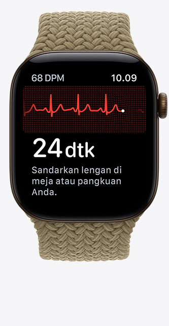 Apple Watch Series 12, aluminum case, dark bronze color, ECG app, heart rhythm line and timer, Braided Sport Loop, olive color (light earthy green)
