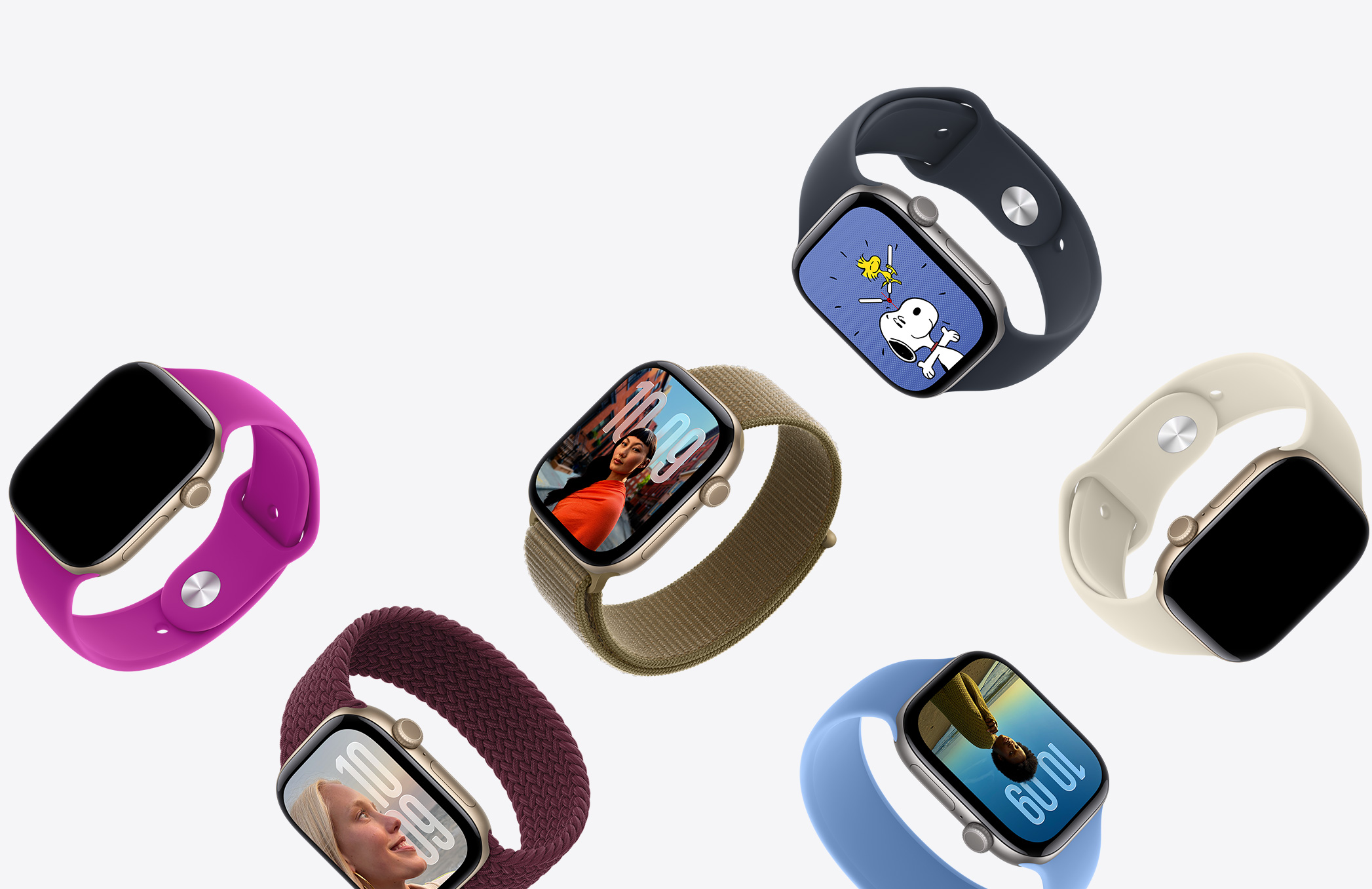 Perangkat Apple Watch, berbagai wajah jam dan material casing, terhubung dengan berbagai tali jam warna-warni
