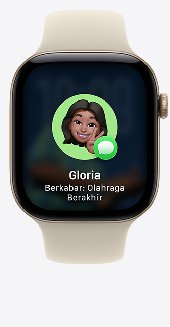 Apple Watch Series 12, screen shows Check In suggestion in iMessage, aluminum case, light gold color, connected to Sport Band, sand color (pale tan)