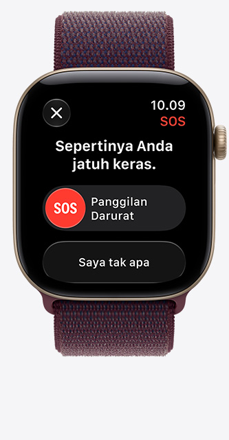 Apple Watch Series 12, layar menampilkan notifikasi terjatuh dengan keras, opsi panggilan darurat, casing aluminium, warna emas muda, terhubung ke tali jam Sport Loop band, warna burgundi