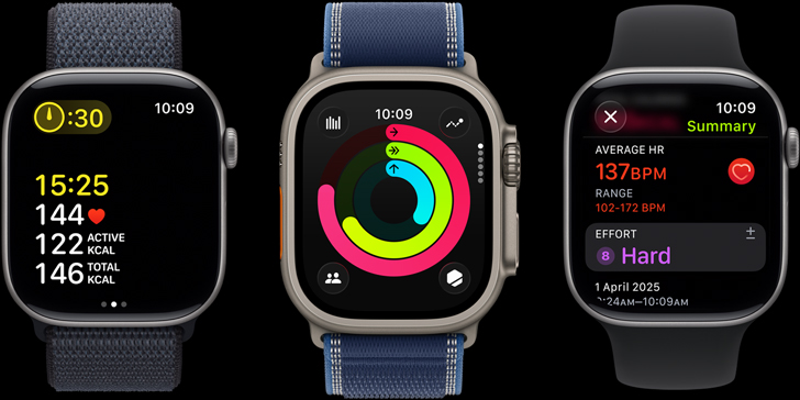Three Apple Watch devices with workout metrics, Activity rings and post-workout insights on screen