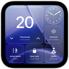 Apple HomeView display, screen shows Home app dashboard with thermostat set to 68 degrees, analog clock, intercom, Arrive Home scene, door lock and lights controls