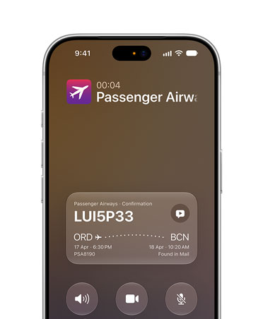 iPhone 18 Pro, Silver, screen displaying Call Context feature powered by Apple Intelligence, airline confirmation details while on a call