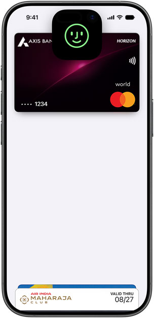 iPhone, front, displaying an Axis Bank credit card in Apple Pay, a blue checkmark indicates "Done"