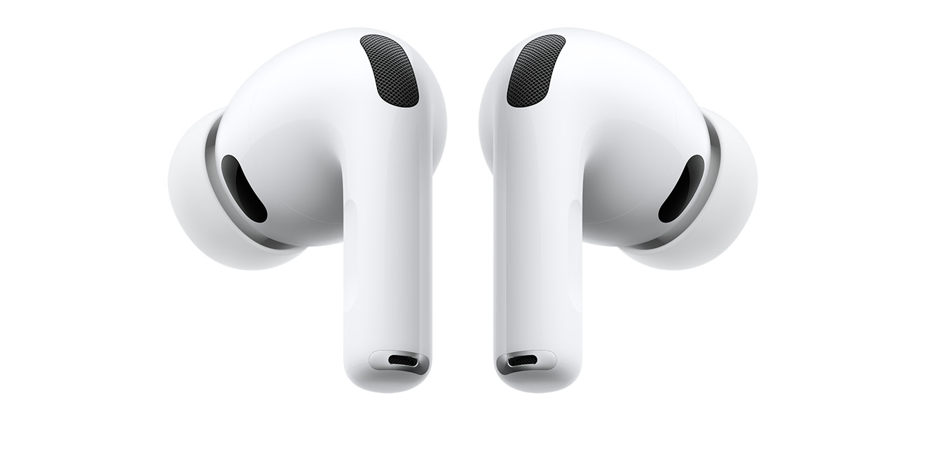 Back view of a pair of White AirPods Pro 3 facing in opposite directions on a white background.