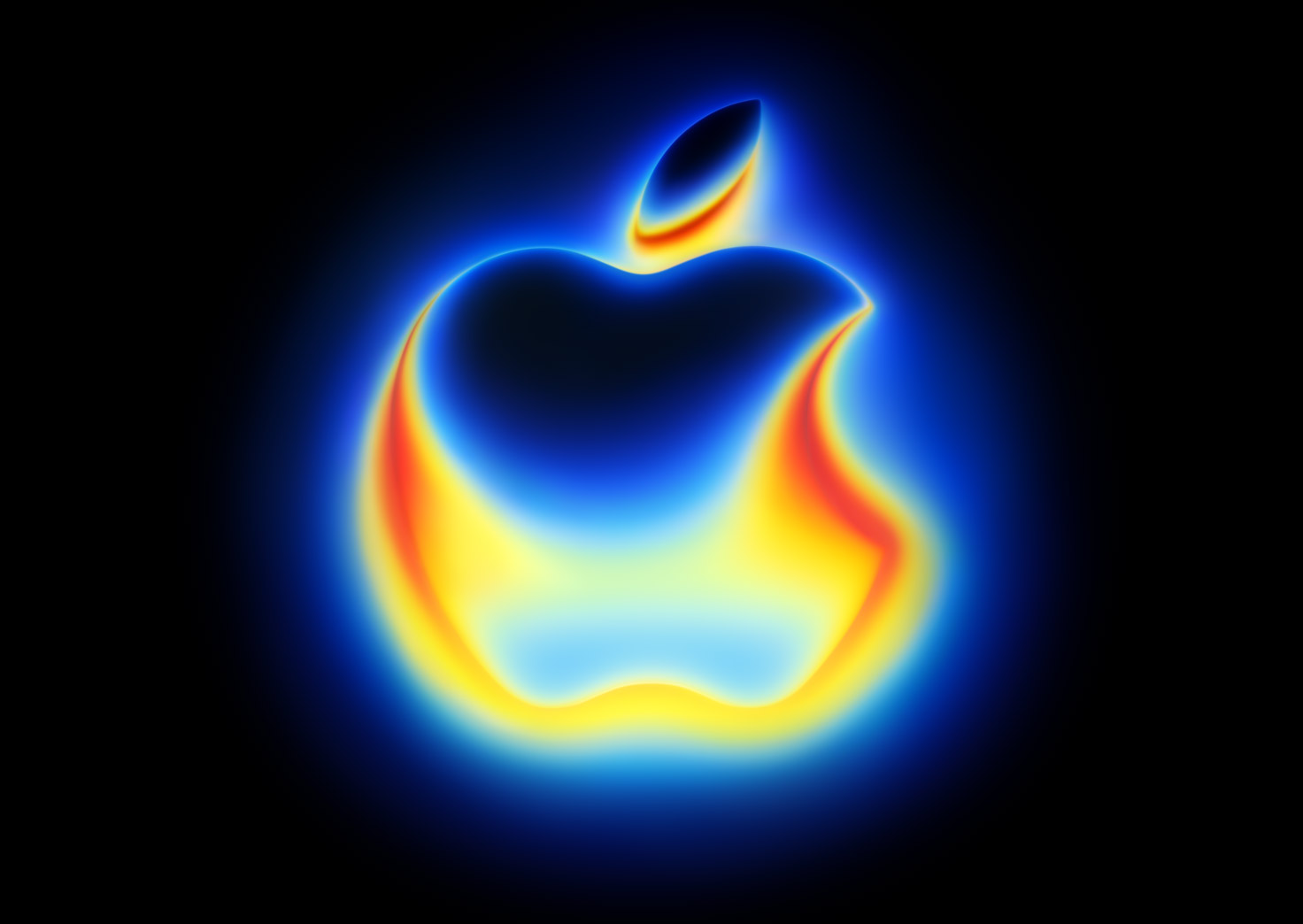 The Apple logo glowing in heat map thermal colors, morphing from blue into yellow into red, on a black backdrop. The heat map changes colors as it is interacted with. The longer the cursor hovers over the logo, the more red it becomes.
