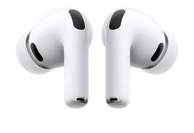 Back view of a pair of White AirPods Pro 3 facing in opposite directions on a white background.