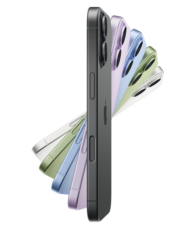 Five overlapping fanned out iPhone 17 devices in Black, Lavender, Mist Blue, Sage, and White respectively. All in sideview, with the top of the first visible one in Black showing the Apple logo on the back of the phone.