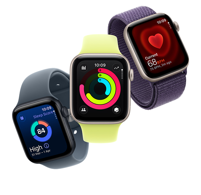 A series of Apple Watch SE devices in different orientations. 