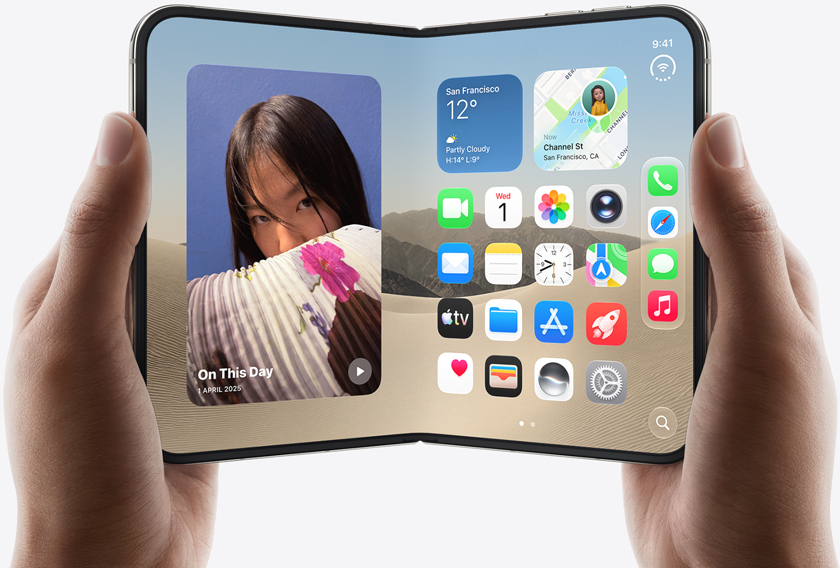 Two hands hold an open iPhone Duo, left screen displays a photo of a woman, right screen shows a home screen with various app icons, including Messages, Photos, Camera, and App Store