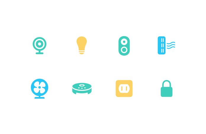 Smart home accessory icons: Includes icons such as lock, camera, fan, outlet, light bulb, doorbell