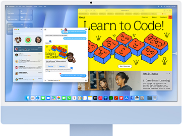 iMac, front exterior, blue colour, displaying Messages app and a “Learn to Code” website
