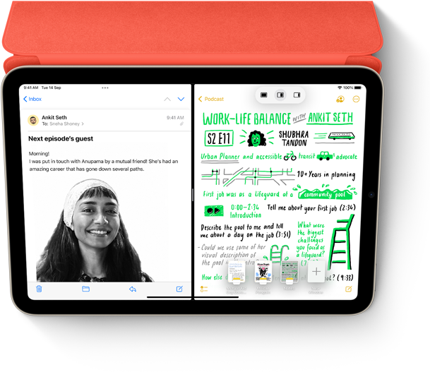 Split View of Mail message and handwritten note in Notes app on iPad with Smart Folio and Apple Pencil