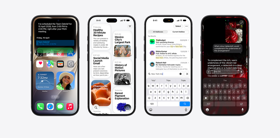 An array of iPhone 17 and 17 Pro devices each with a different screen showcasing iOS 26 and Apple Intelligence features