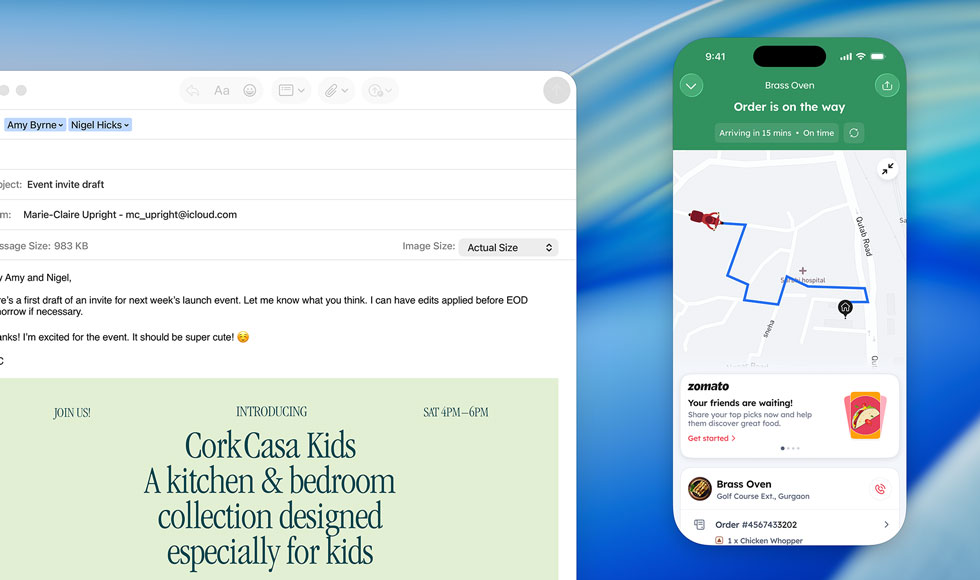 MacBook screen, Mail app open, iPhone screen mirrored on MacBook screen shows Uber Eats arriving