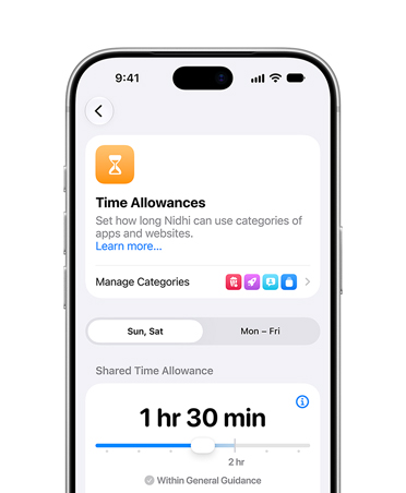 iPhone 18 Pro, Silver, screen shows Time Allowance and Screen Time Schedule options in Settings to allow time and media categories for their child
