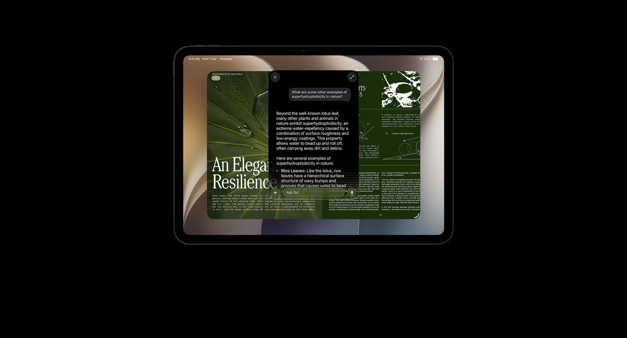 iPad Pro 11, Space Black, screen shows result of query to Siri AI for information about a topic, overlaid with query to Siri AI about the retrieved information, Siri response appears