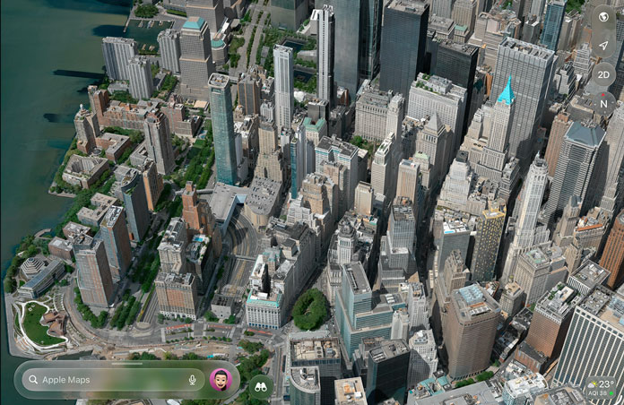 Apple Maps showing a detailed aerial view of a city with buildings, roads and green spaces