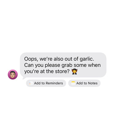 A received iMessage with two suggested action buttons below: Add to Reminders and Add to Notes
