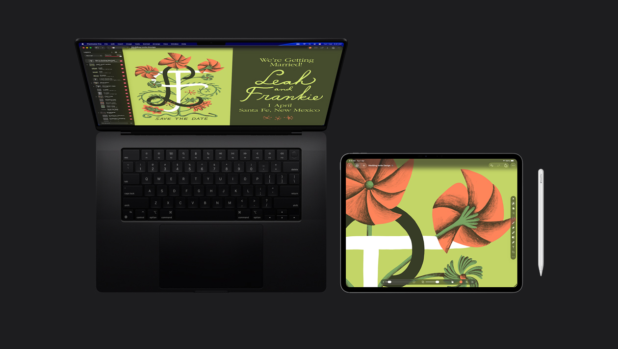 MacBook Pro 16″ screen showing illustration of wedding invitation with stylised orange flower on green background and the letters L and F with save the date, iPad Pro showing an illustration of stylised orange flower on green background and tools bars, Apple Pencil sits to the right of iPad Pro
