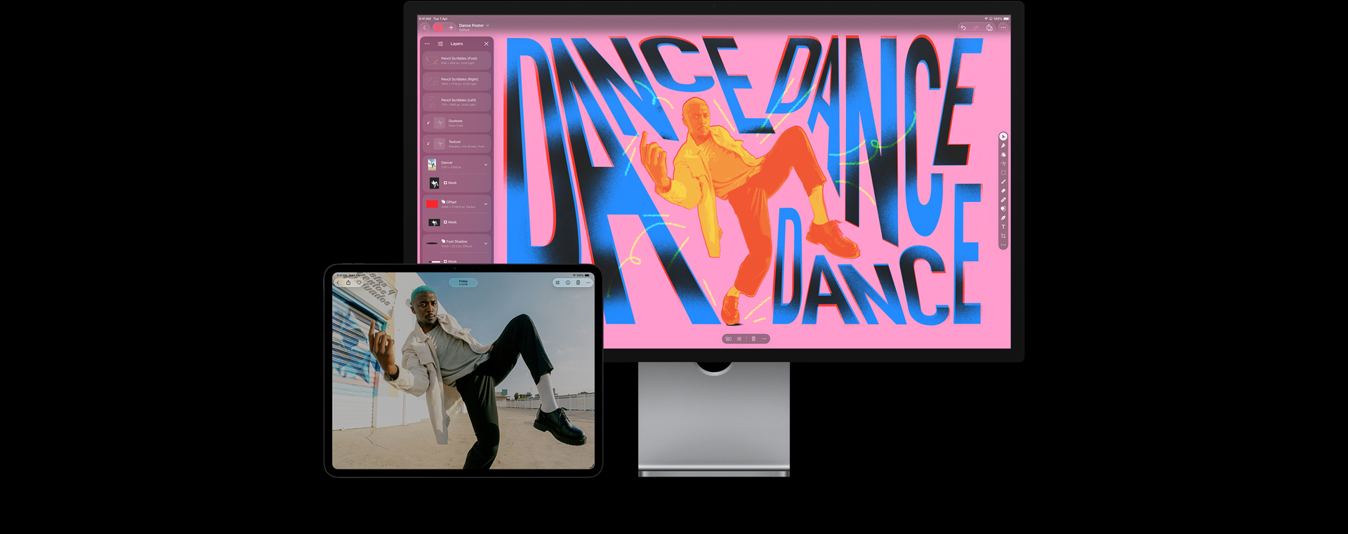 iPad Pro screen showing a man with blue hair, white jacket, grey shirt, black pants and shoes, dancing outside; Mac Studio Display screen showing workspace with colourful stylised typography, edited image of man dancing overlayed in blue, yellow and red colours