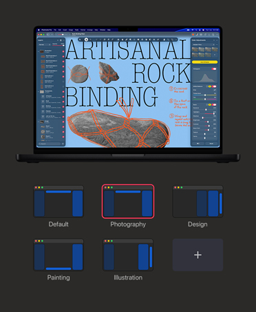 MacBook Pro 16″ screen, image about artisanal rock binding, colour adjustment and white balance tools