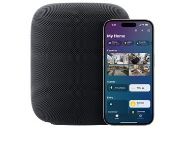 A Midnight HomePod with iPhone showing 'My Home' UI on the Home app