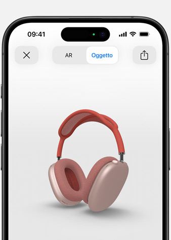 Immagine in realtà aumentata di un paio di AirPods Max rosa sul display di iPhone