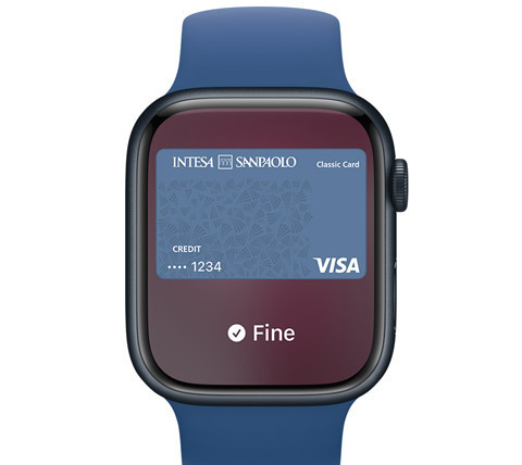 Vista frontale di un Apple Watch. Sul display c’è un pagamento Apple Pay.